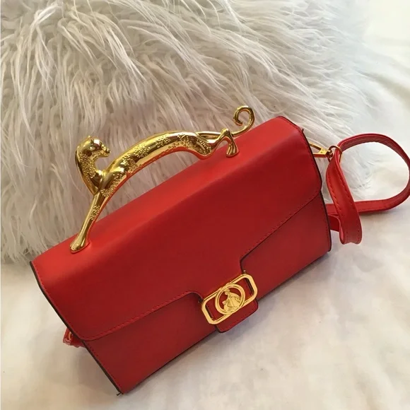 LUXURY WOMEN’S HANDBAG METAL HANDLE RED SHOULDER BAG - Picture 2 of 4